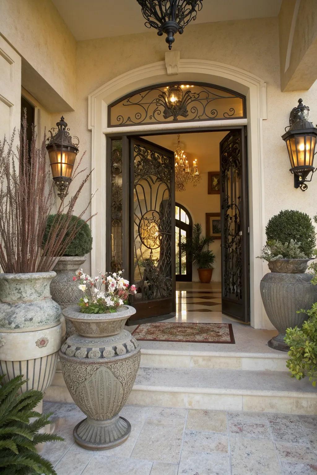 Decorative accents adding personality to a welcoming house entrance.