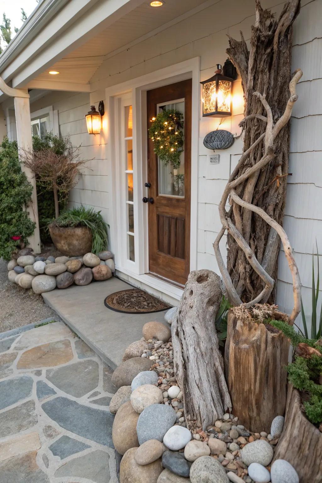 Nature-inspired decor creating a calming atmosphere in a welcoming house entrance.