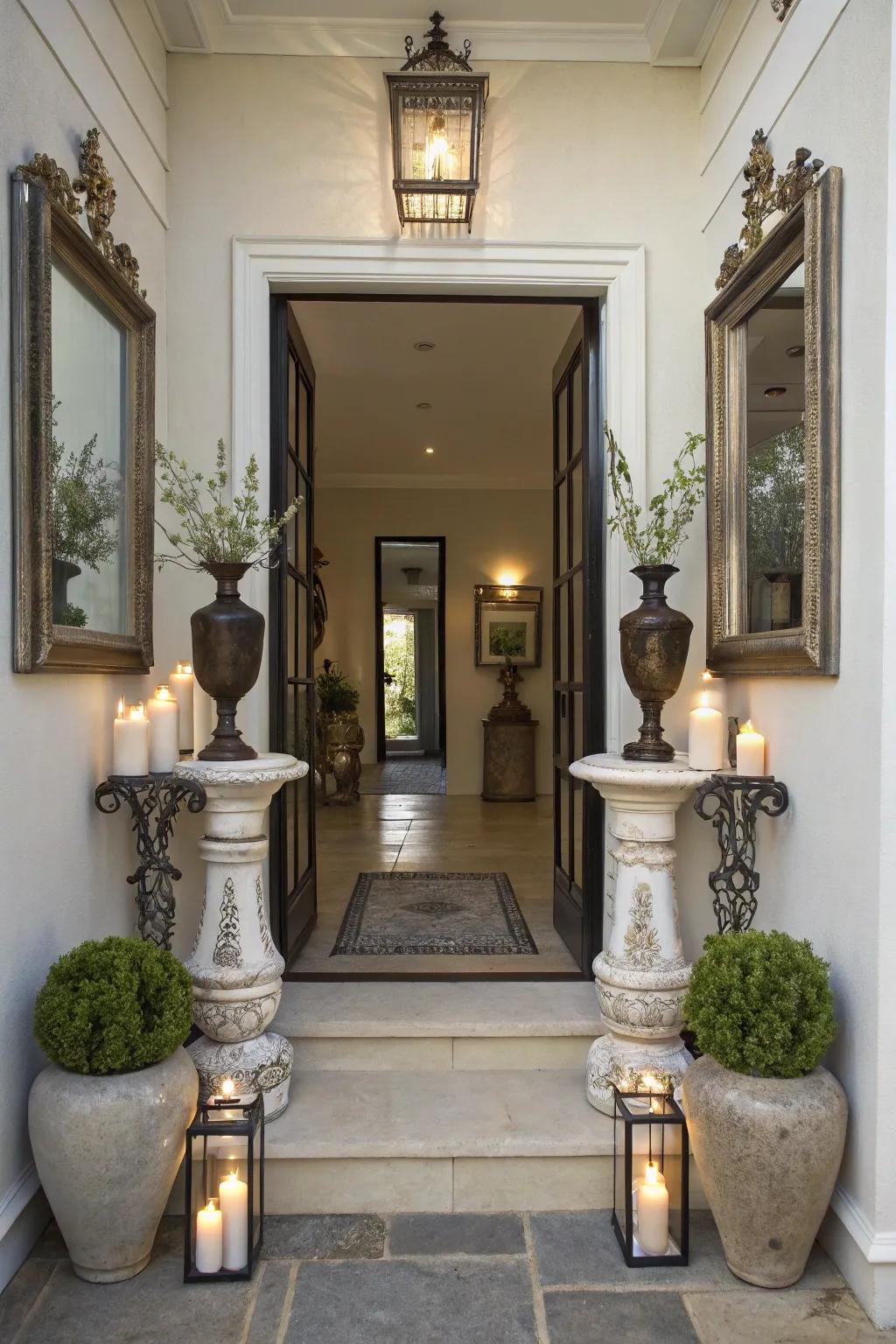 Symmetrical arrangement of decor items creating harmony in a welcoming house entrance.