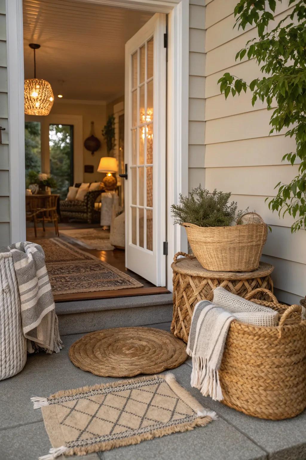 Textured elements adding depth and interest to a welcoming house entrance.
