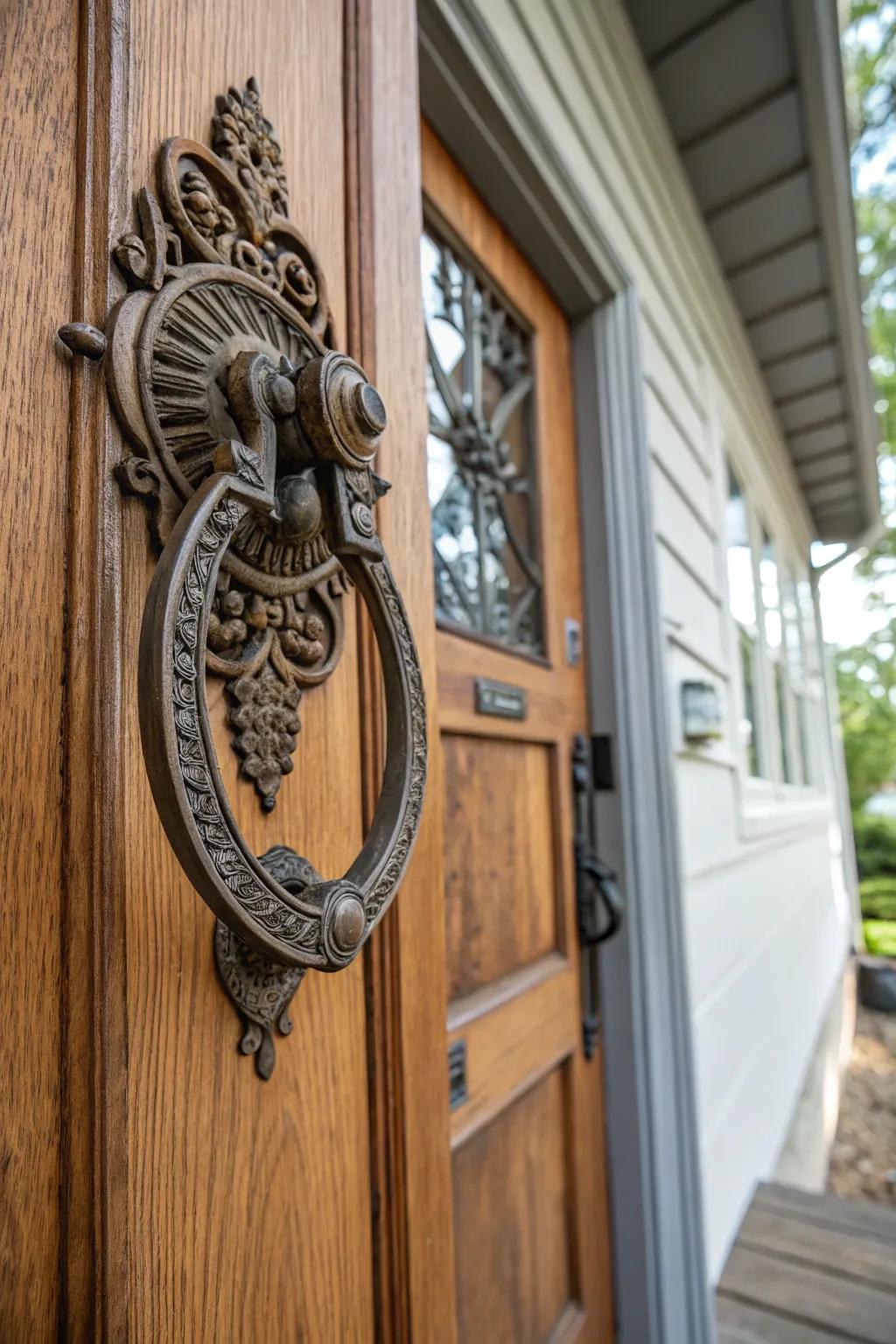 A unique door knocker adding flair to a welcoming house entrance.