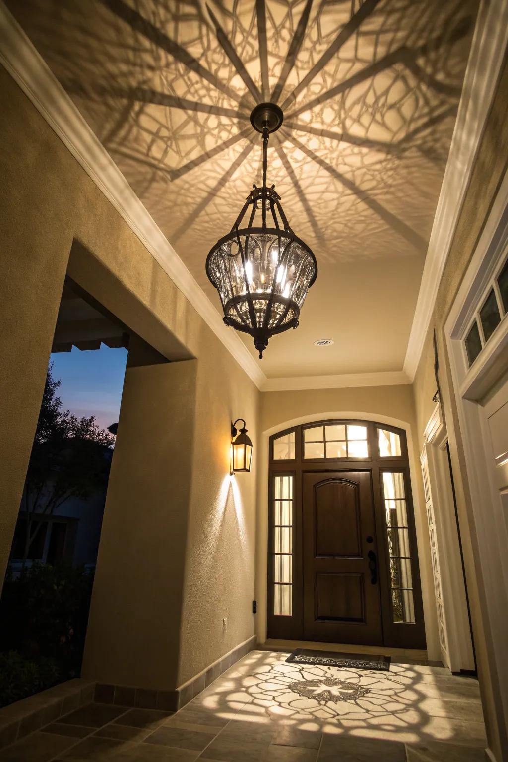 A statement ceiling light adding drama and elegance to a welcoming house entrance.