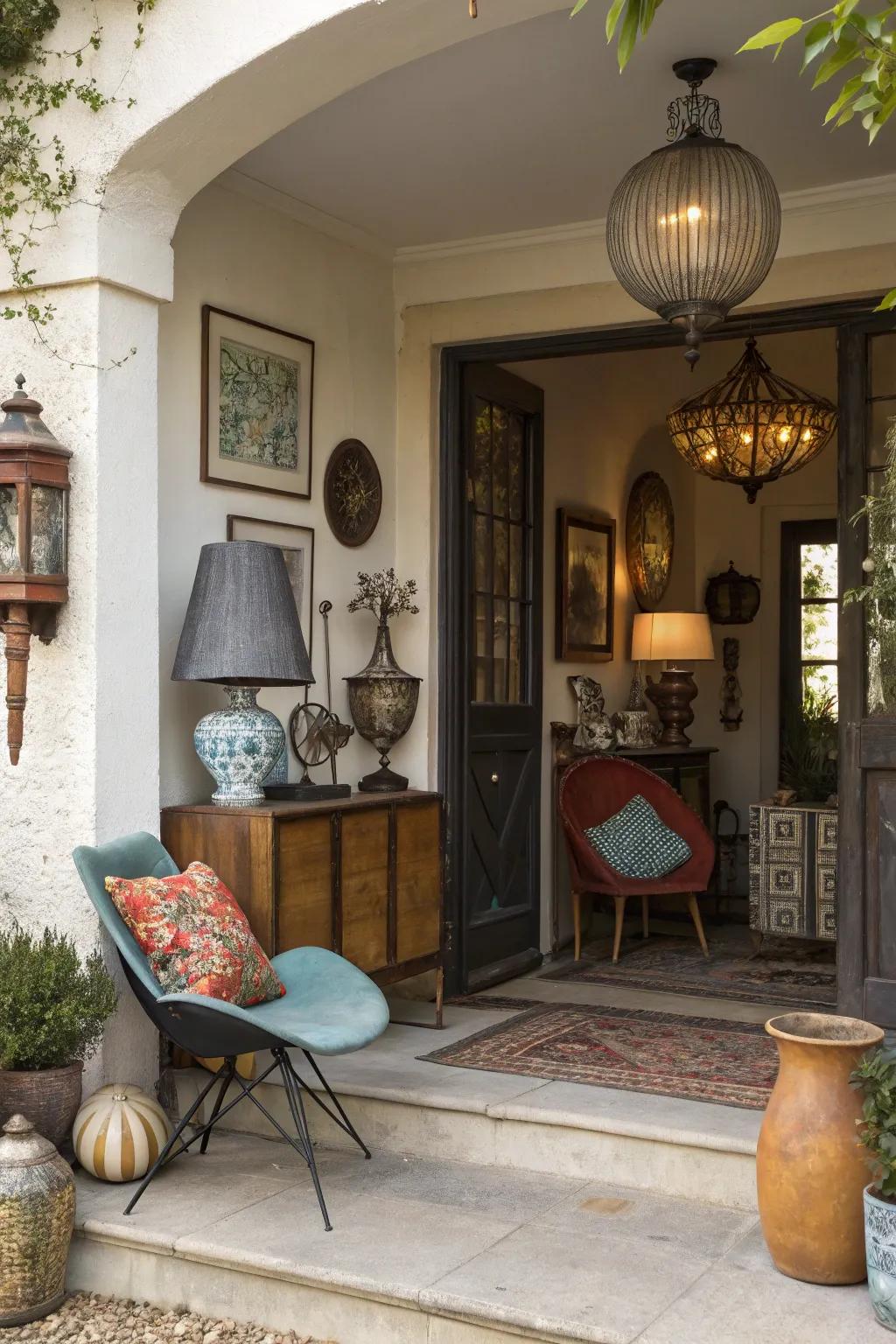 An eclectic mix of modern and vintage decor creating a uniquely inviting house entrance.