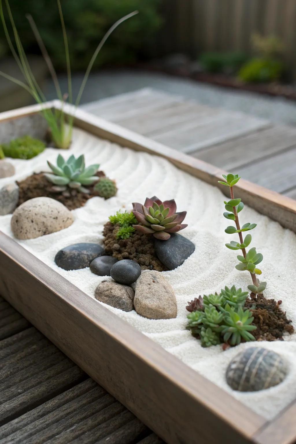 A serene mini rock garden brings tranquility indoors.