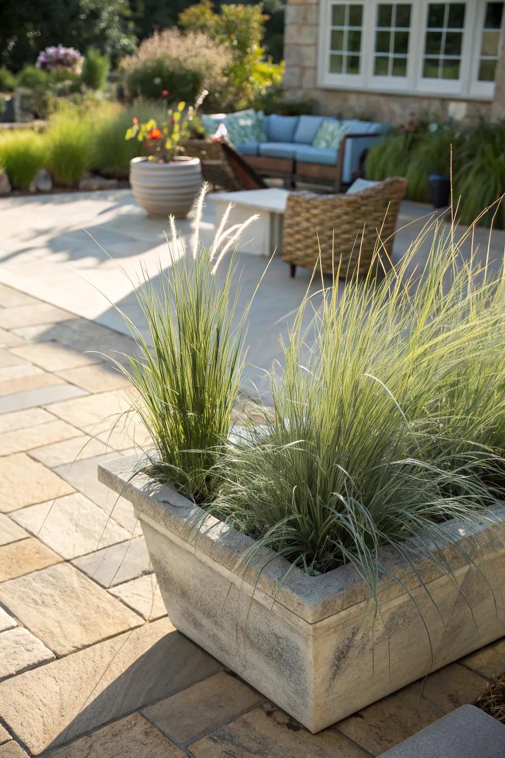 Ornamental grasses sway gently in the breeze, adding dynamic texture.