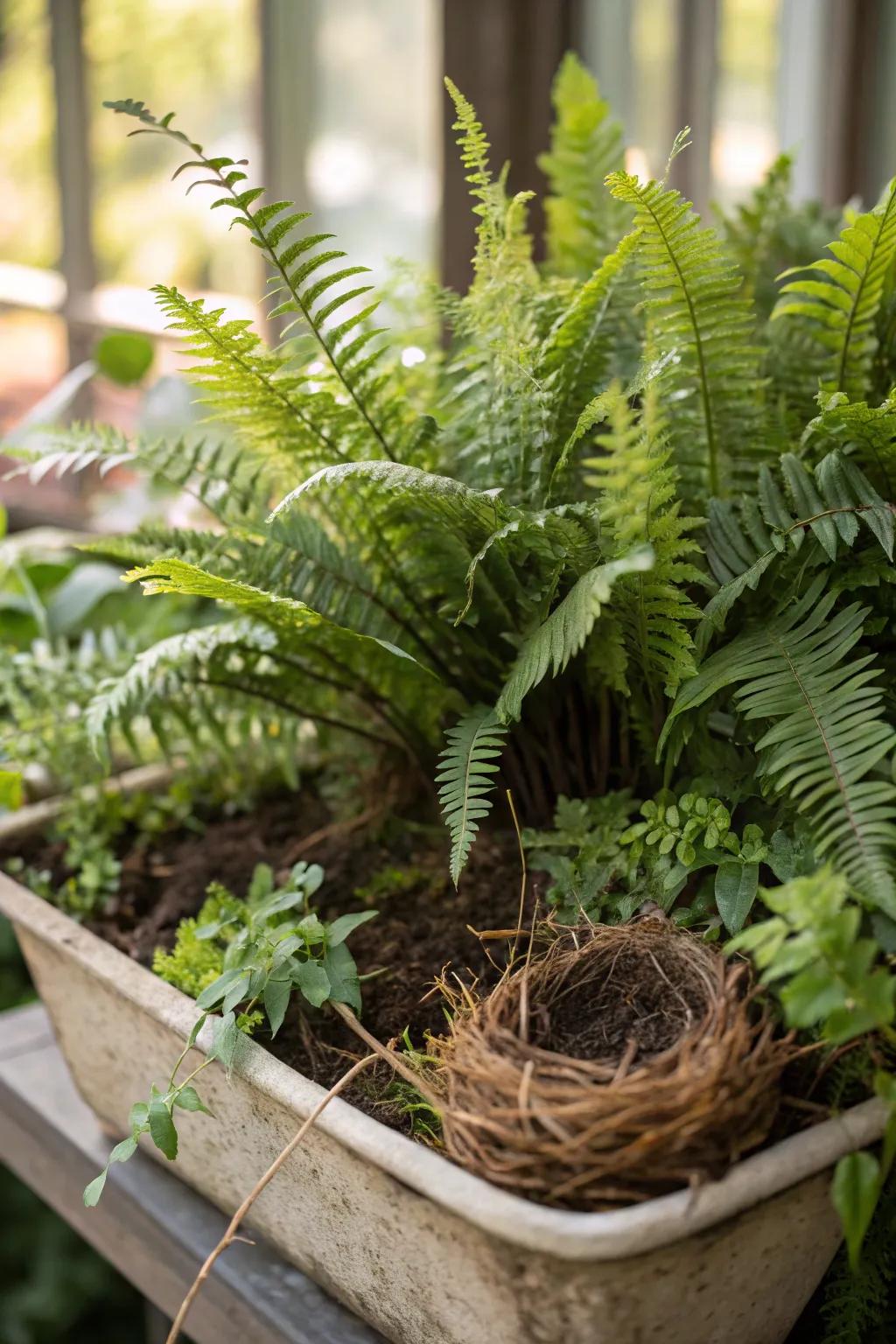 Lush ferns create a textured oasis, perfect for shaded corners.