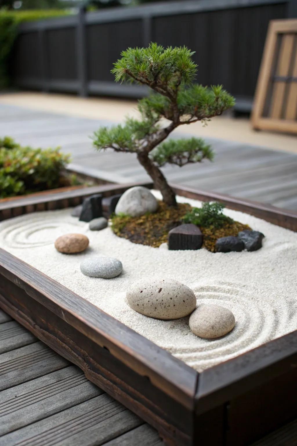 A minimalist Zen garden offers a peaceful retreat in any home.