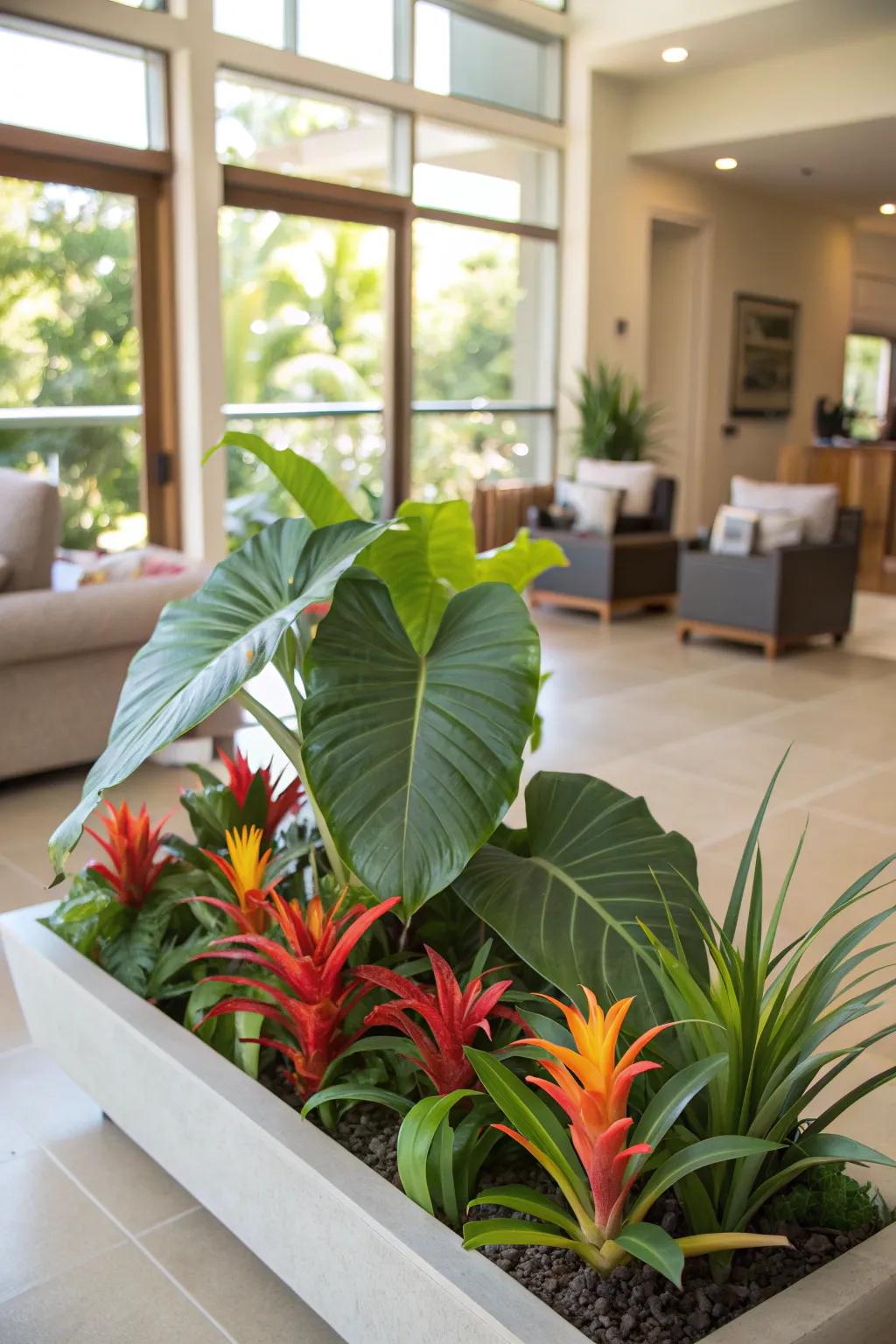Tropical plants create a vibrant and lush indoor escape.