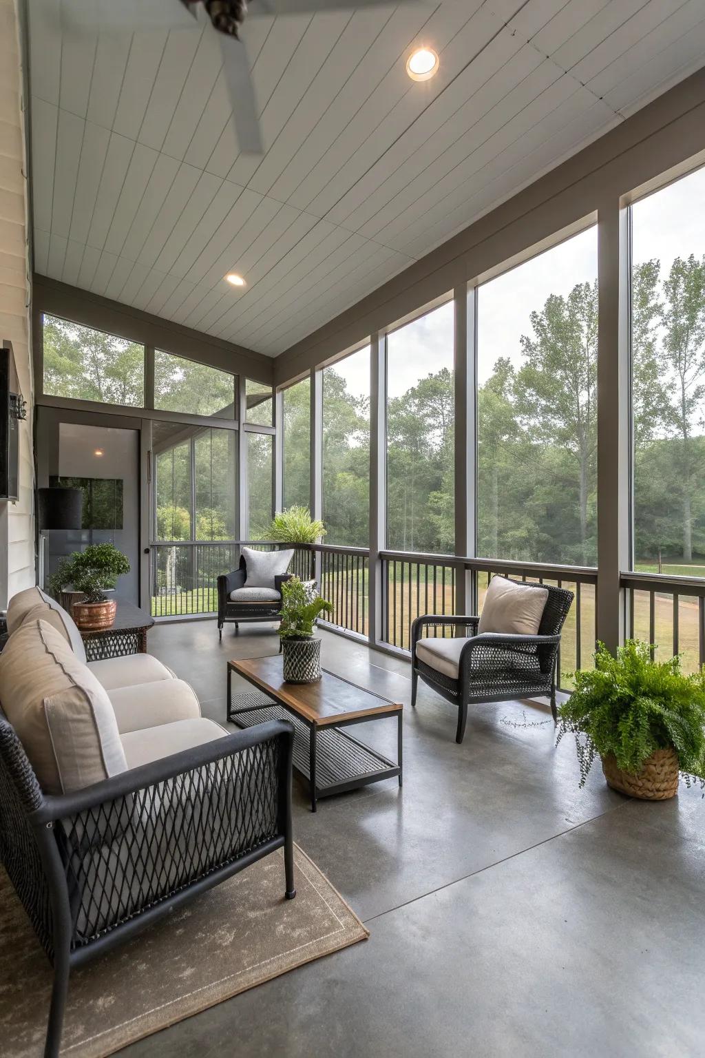 Polished concrete flooring for a modern and durable screened porch.