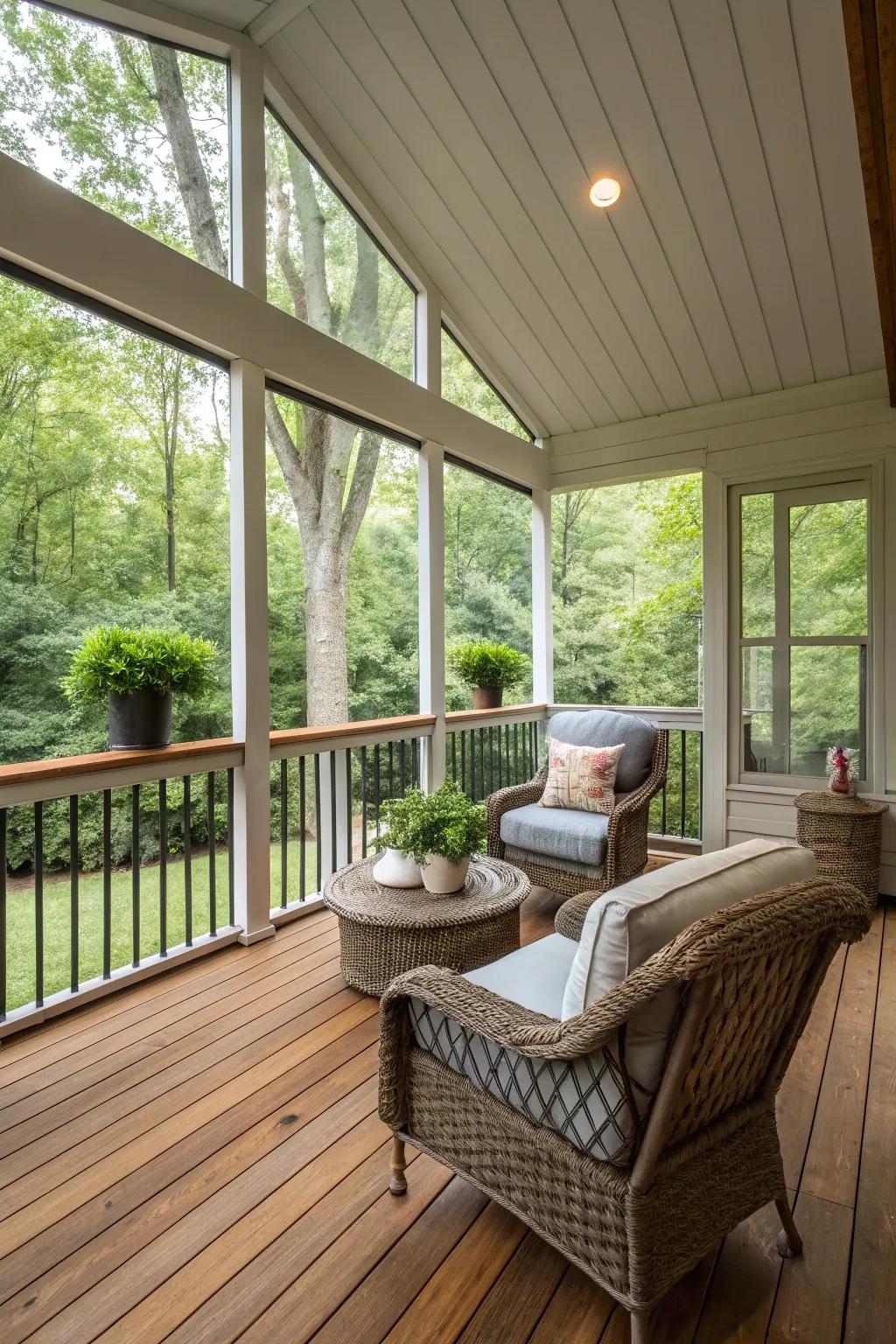 Natural wood flooring brings warmth and rustic charm to your screened porch.