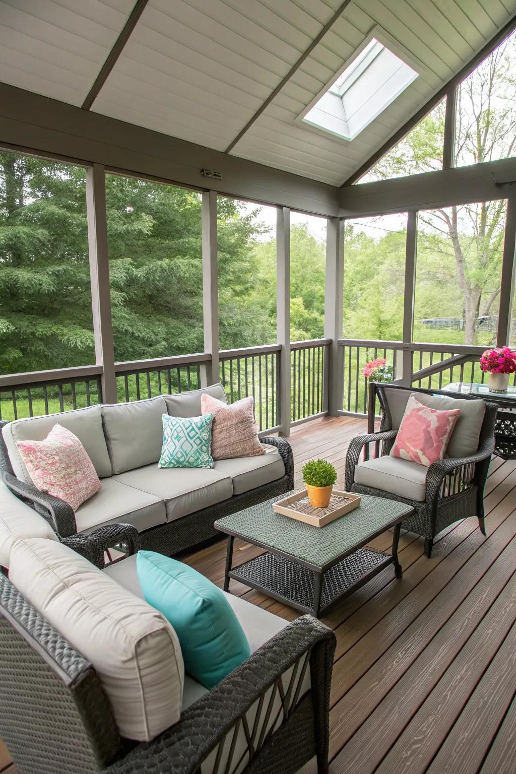 Composite decking provides a sleek, low-maintenance flooring solution.