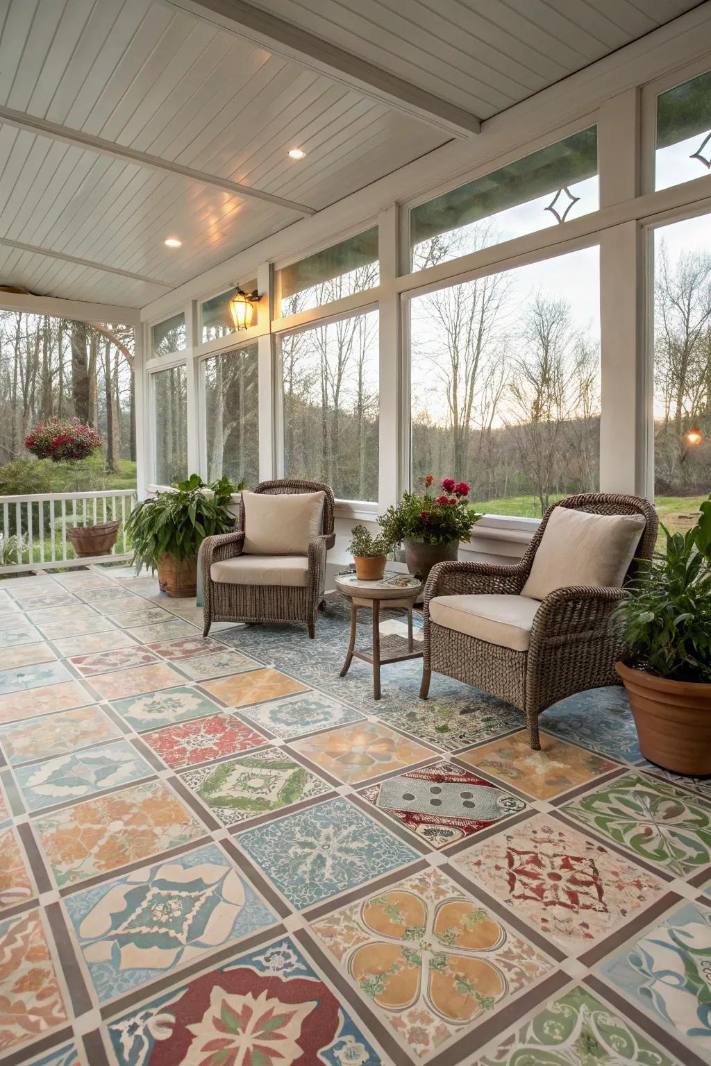 Ceramic tiles add an elegant touch with vibrant patterns on your porch.