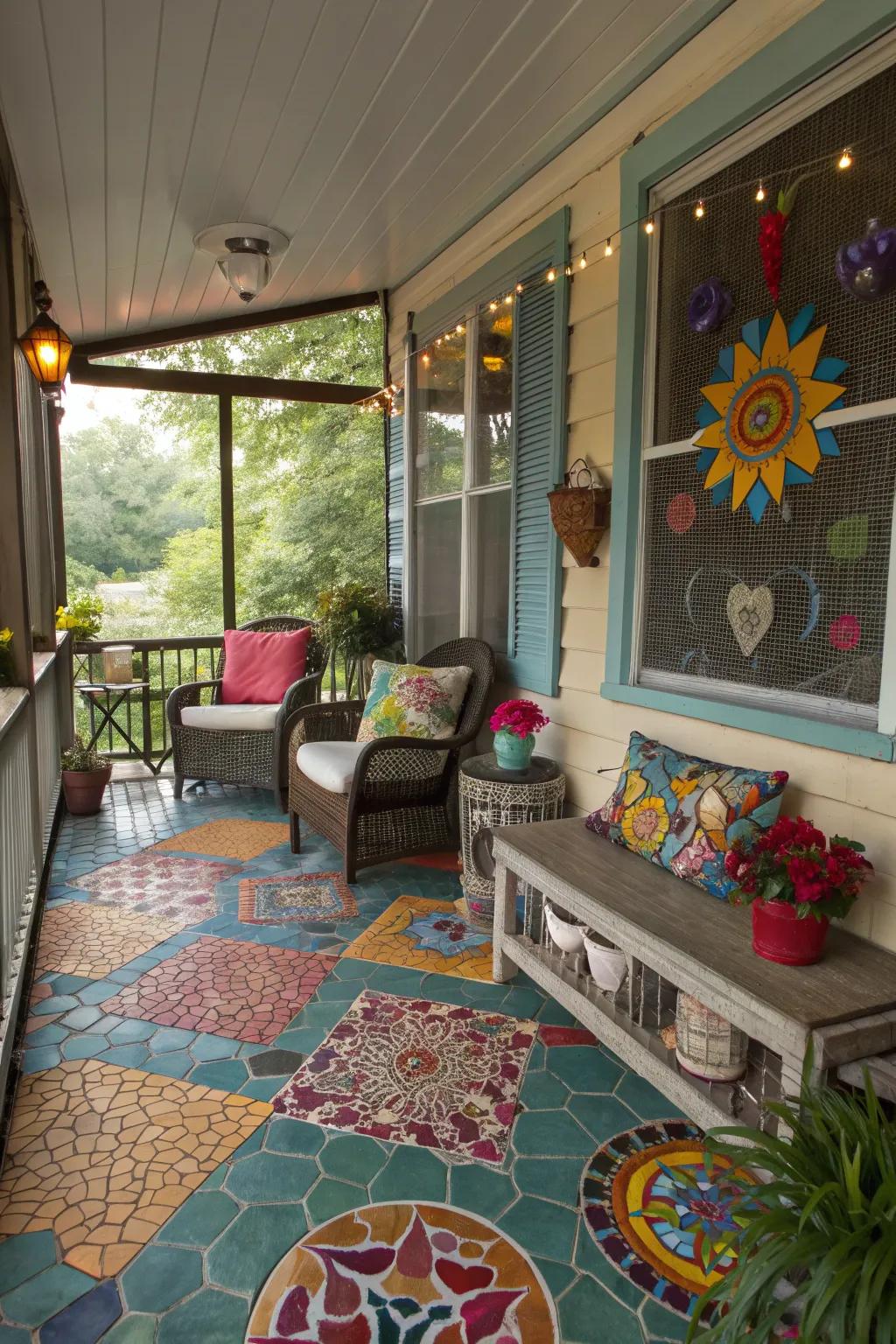 Mosaic tiles bring a splash of color and creativity to your porch.