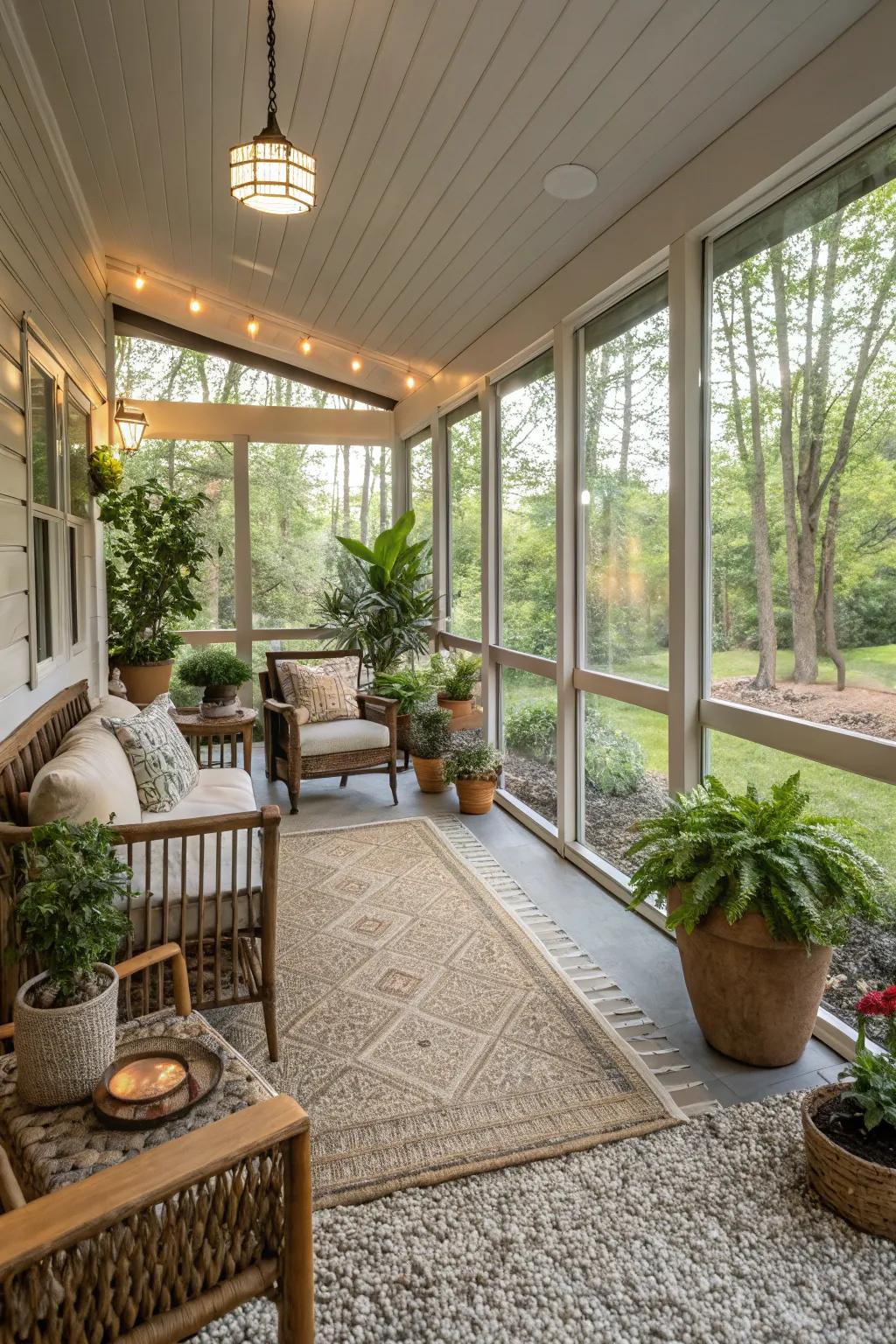 Pebble flooring adds a rustic and unique touch to your porch.