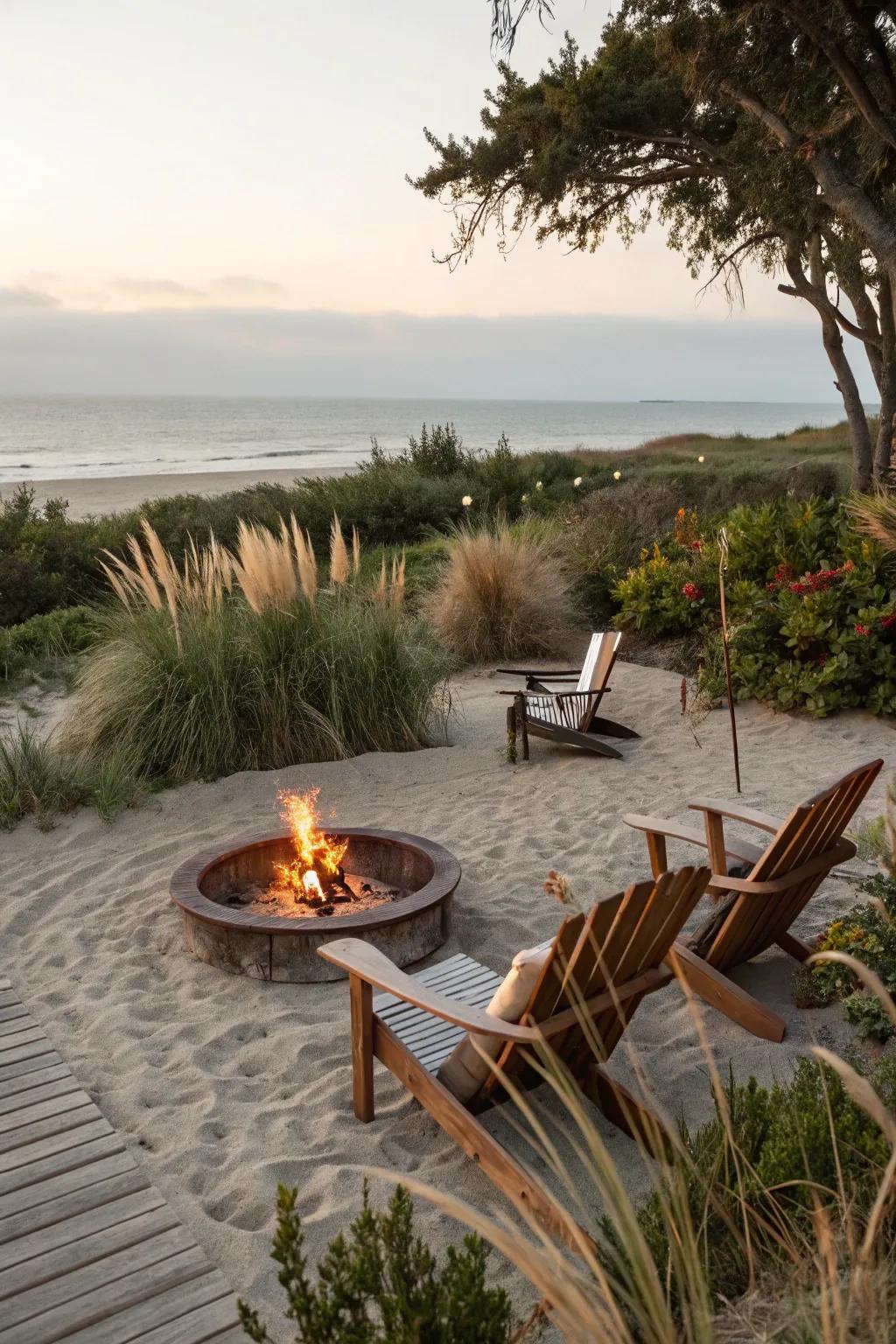 Sand flooring creates a beach-like retreat for your fire pit.