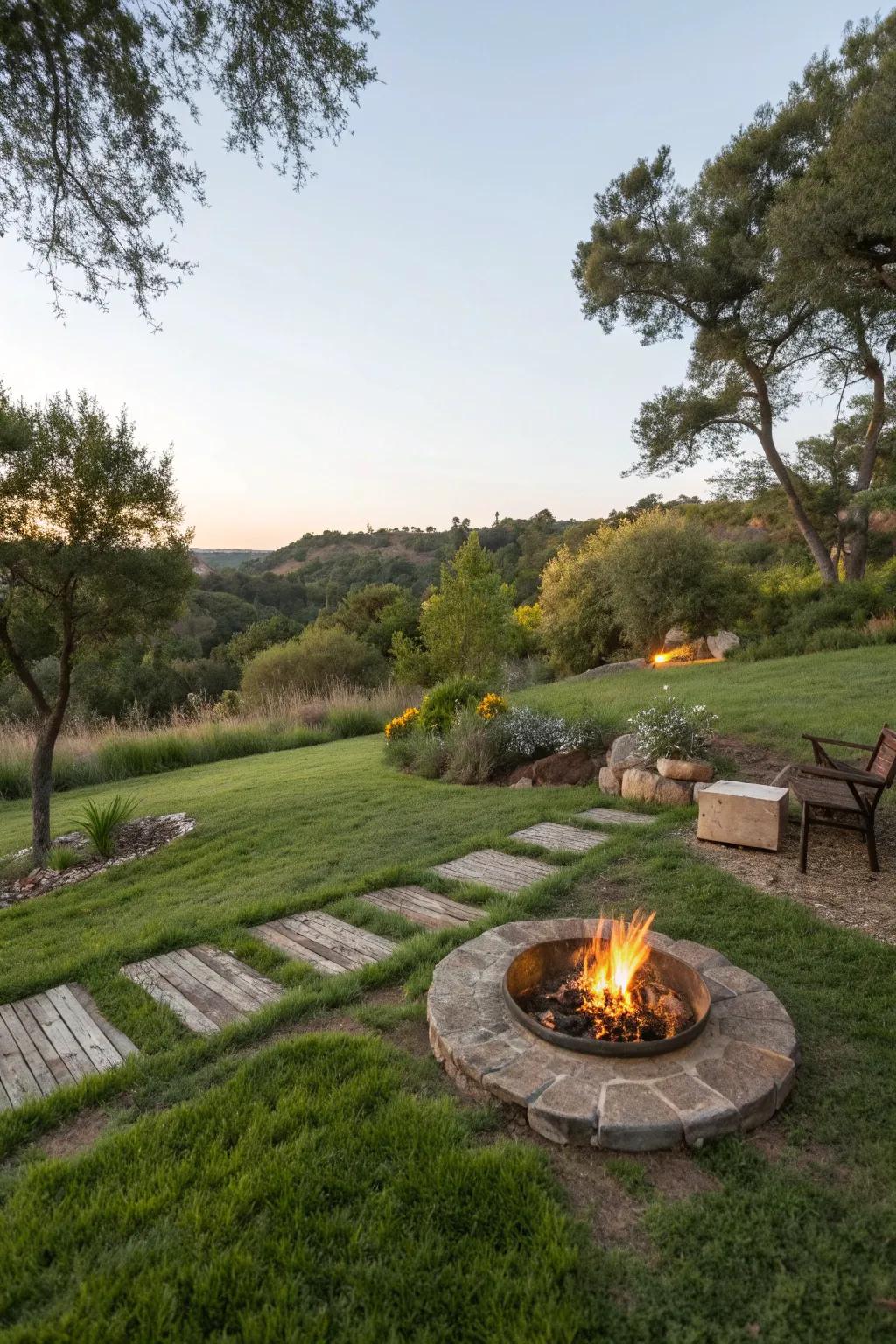 Grass flooring provides a natural and serene setting for fire pits.