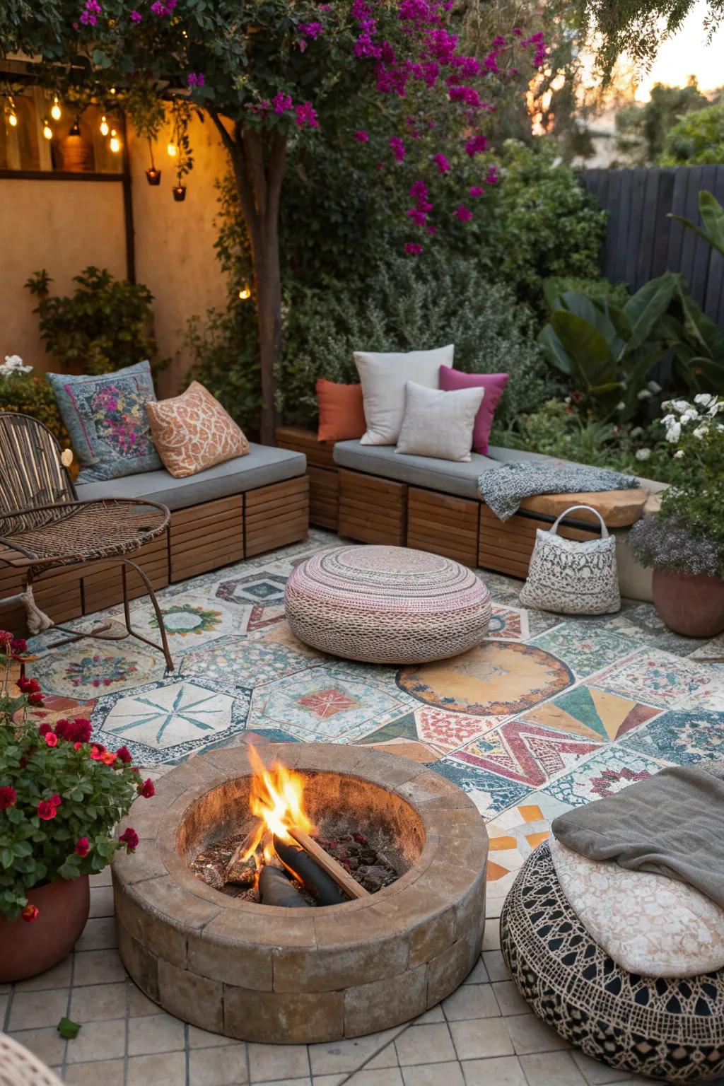 Mosaic flooring adds a creative touch to your fire pit area.
