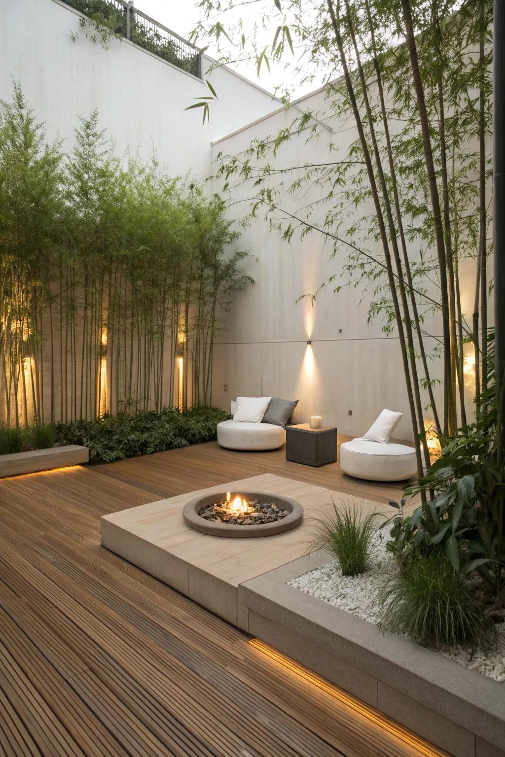 Bamboo flooring creates a serene, eco-friendly space for fire pits.