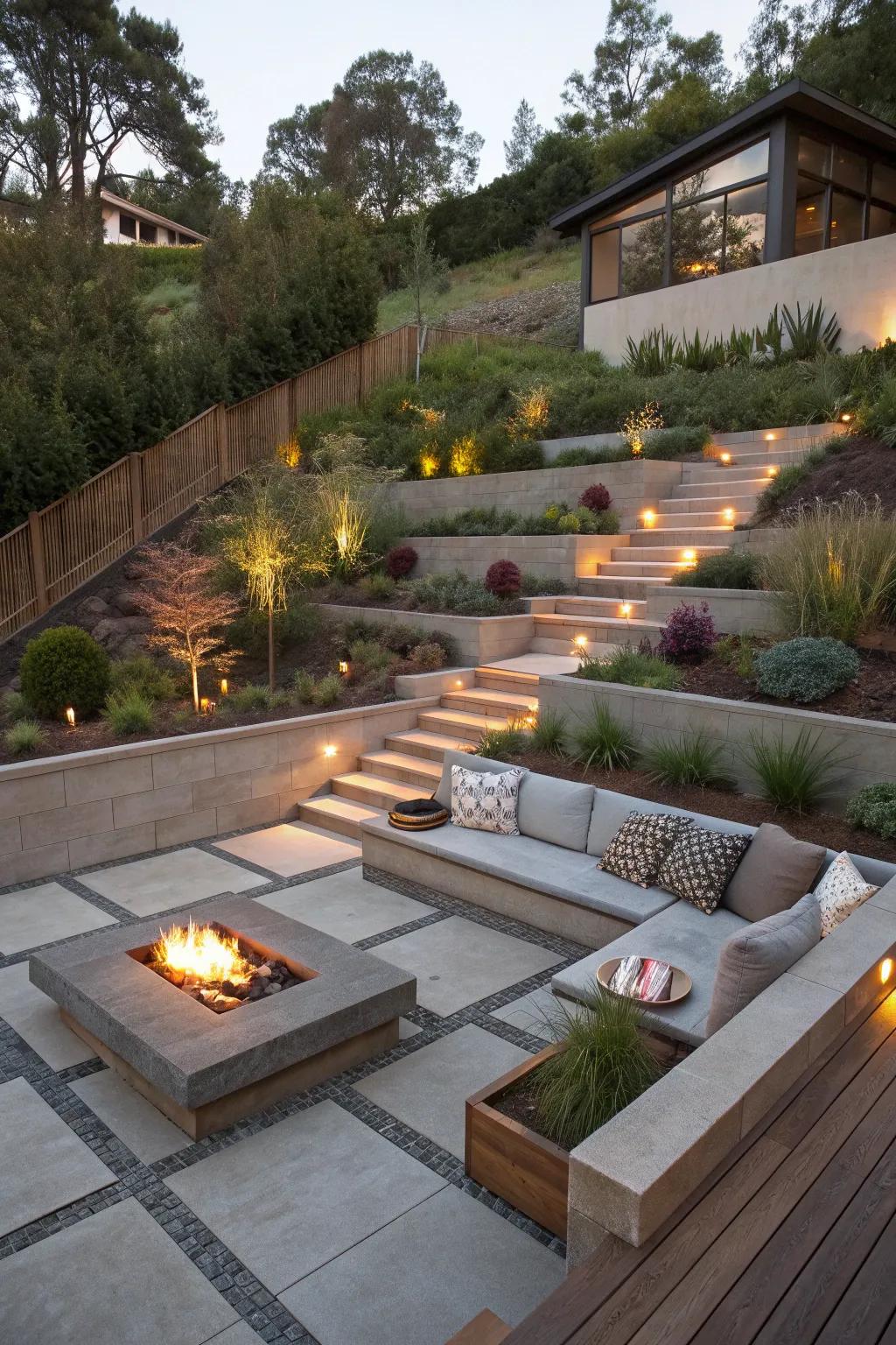 Terraced levels add dimension to your fire pit area.