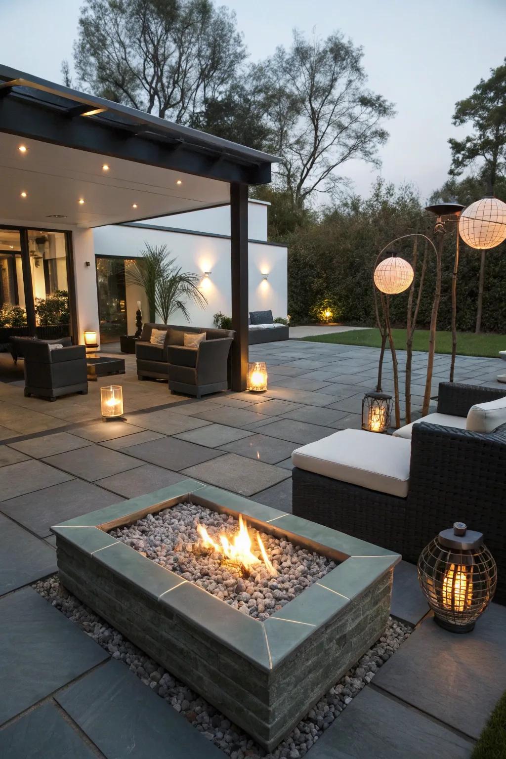 Slate flooring provides a sleek and modern look for fire pits.