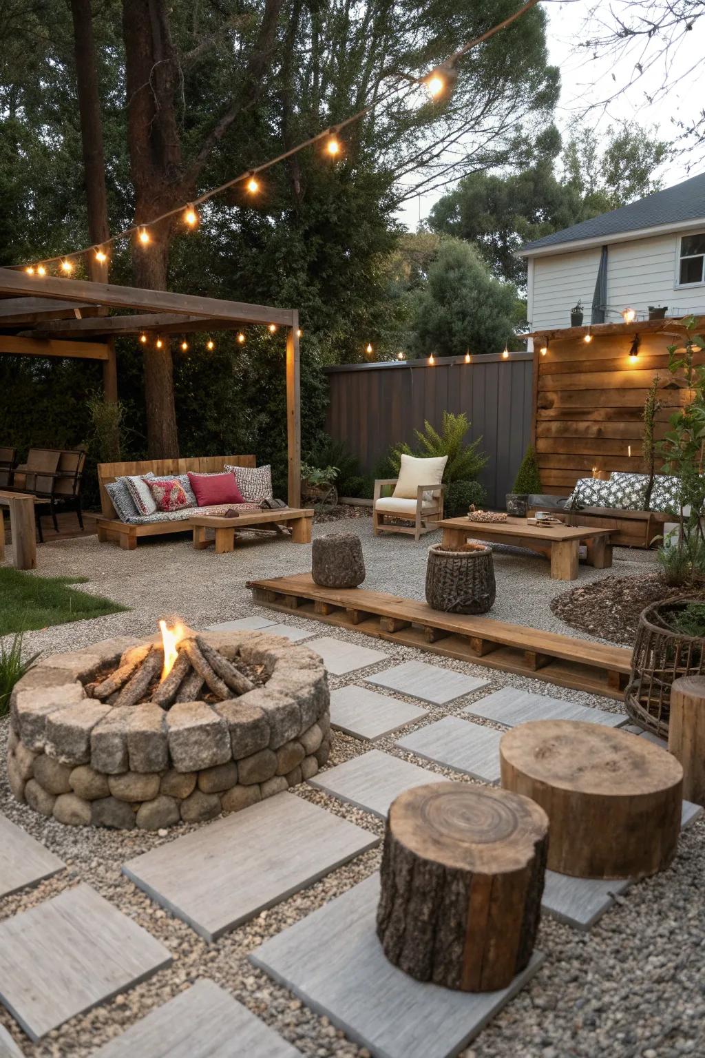 Mixing materials creates a dynamic and unique fire pit space.