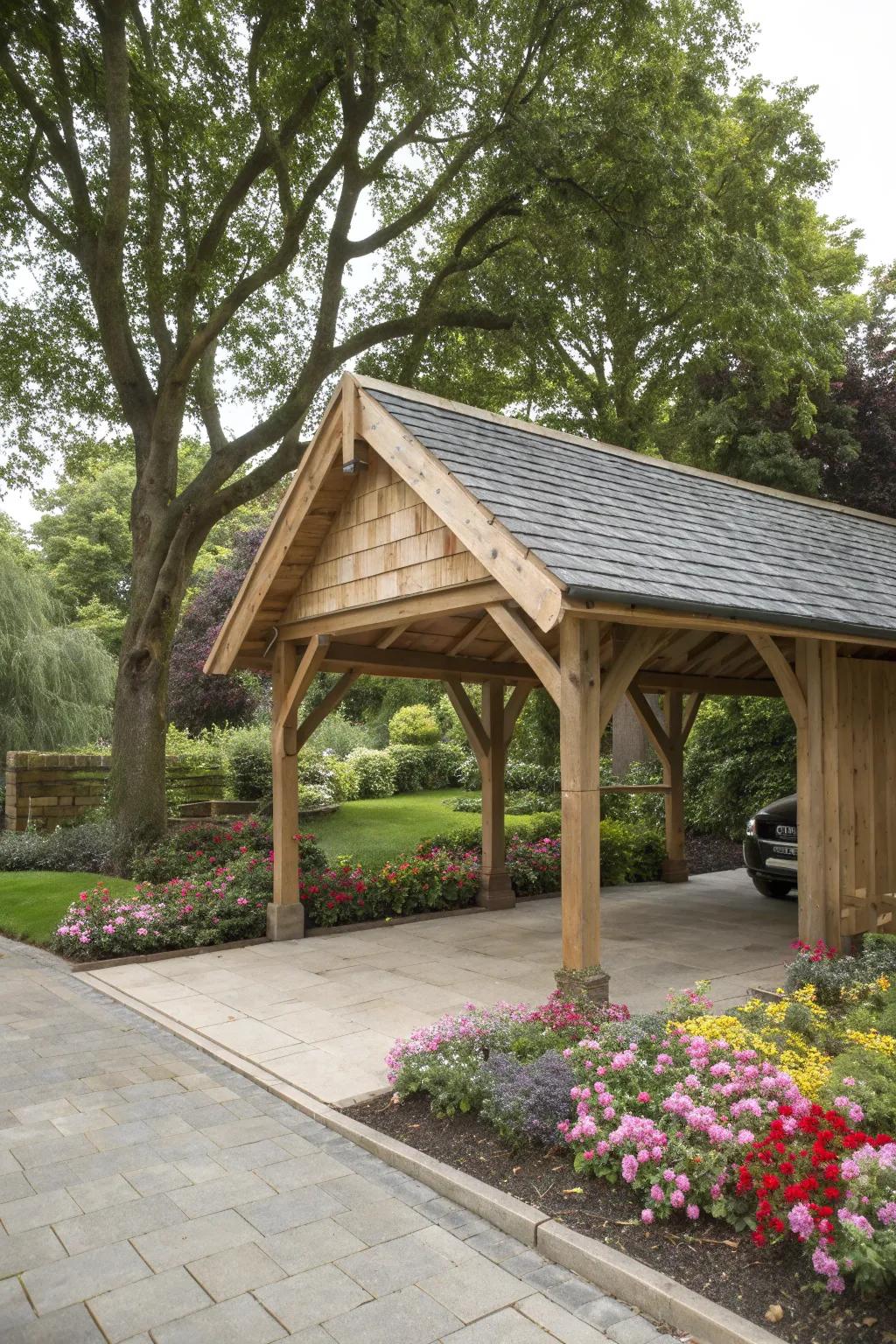 A simple yet elegant wooden carport nestled in a garden setting.