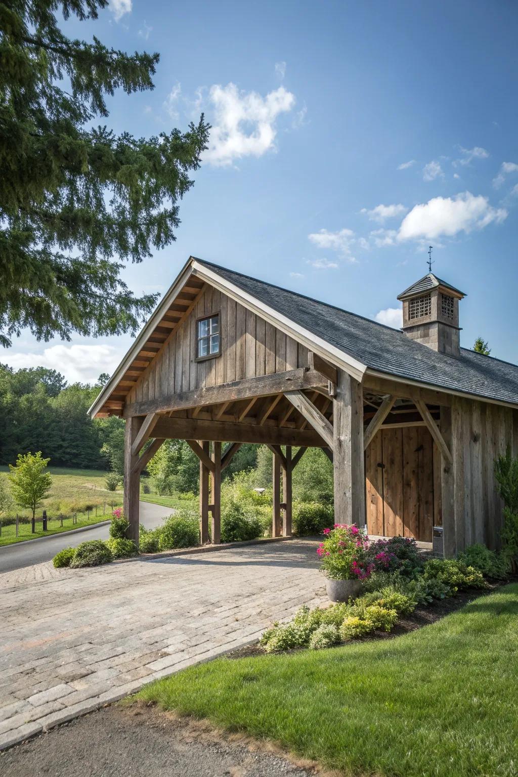 A rustic barn-style carport with reclaimed wood.
