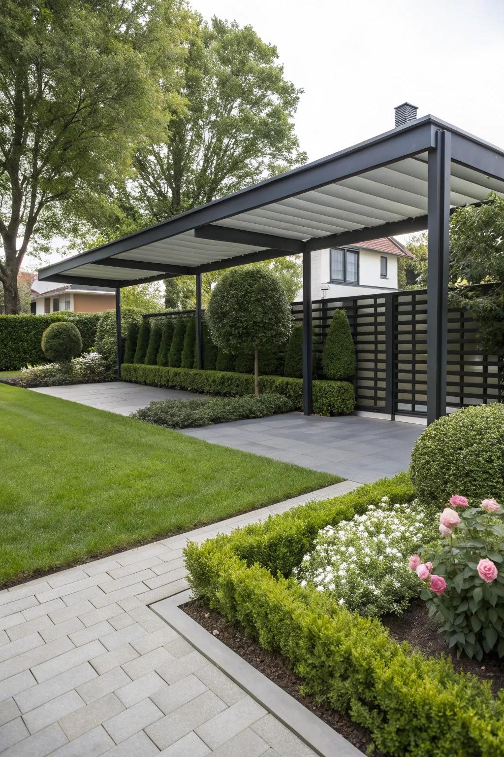 A carport with privacy panels, offering seclusion and style.