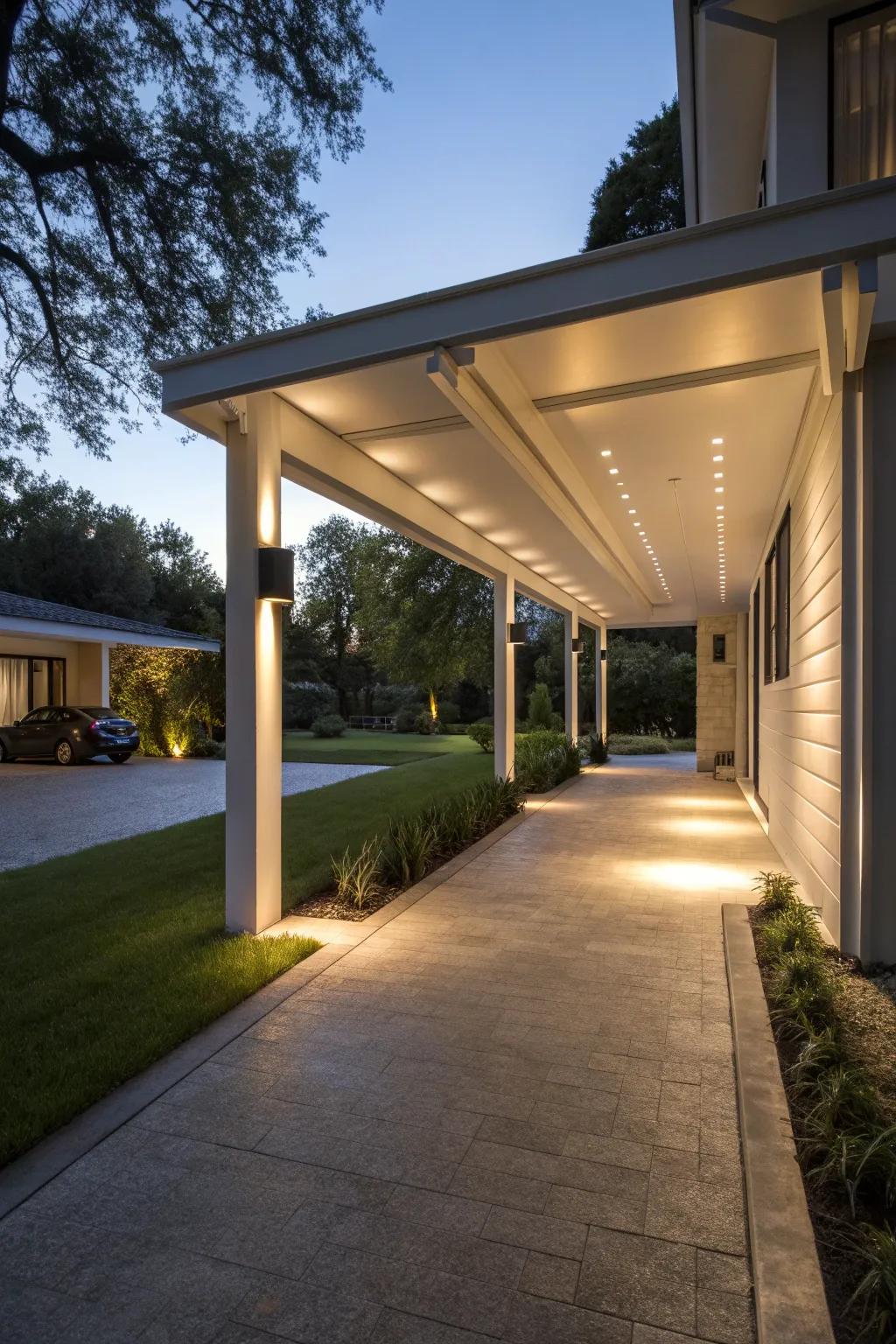 A well-lit carport for safety and ambiance.