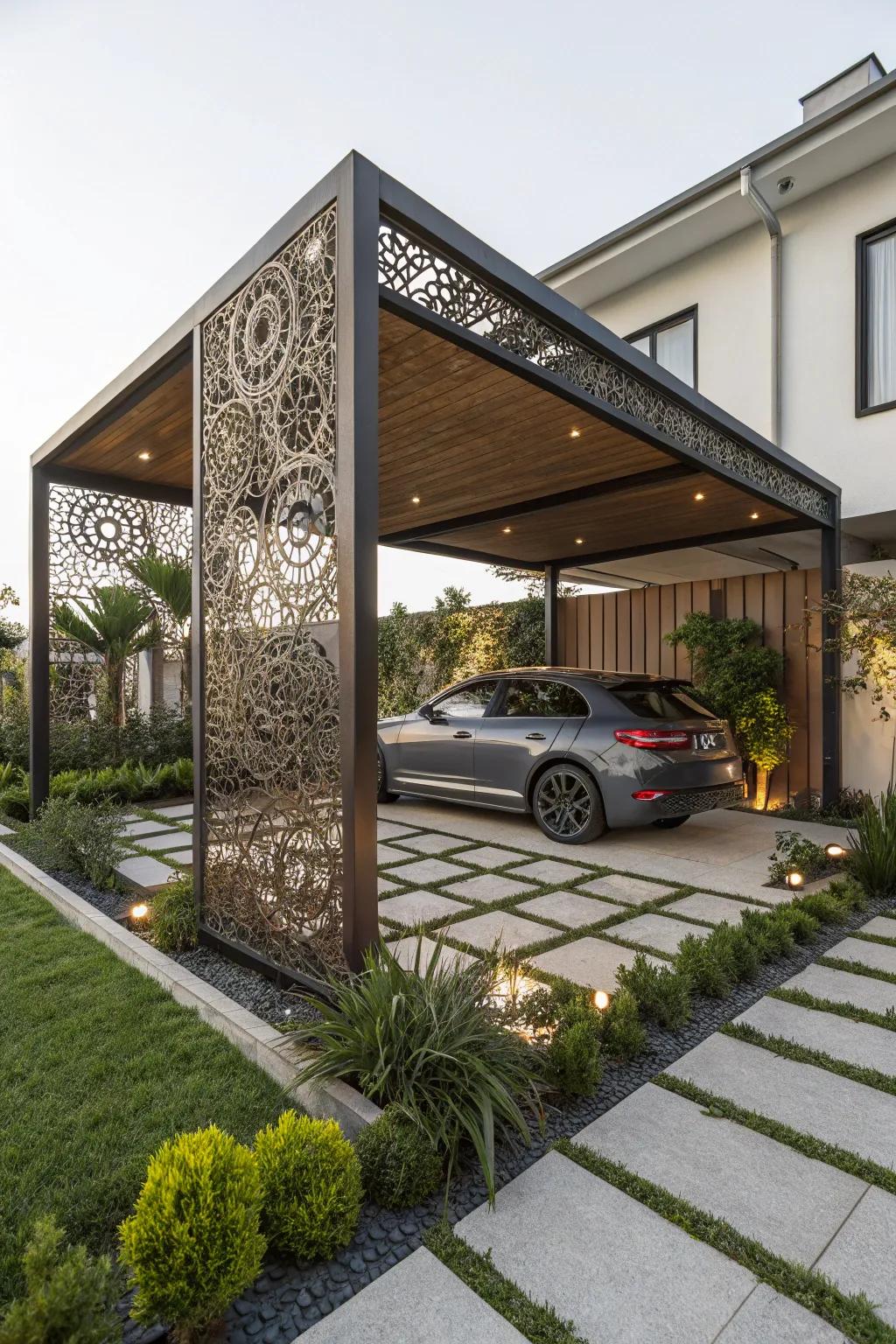 A carport with artistic metalwork, adding a touch of elegance.