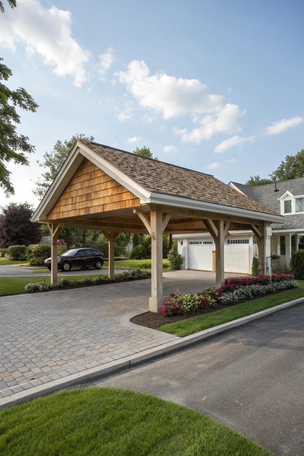 A classic gable roof carport, blending with suburban charm.
