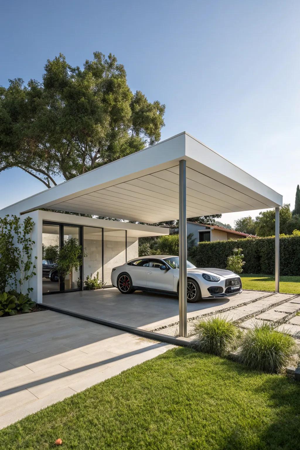 A modern floating carport design, seemingly suspended above the ground.