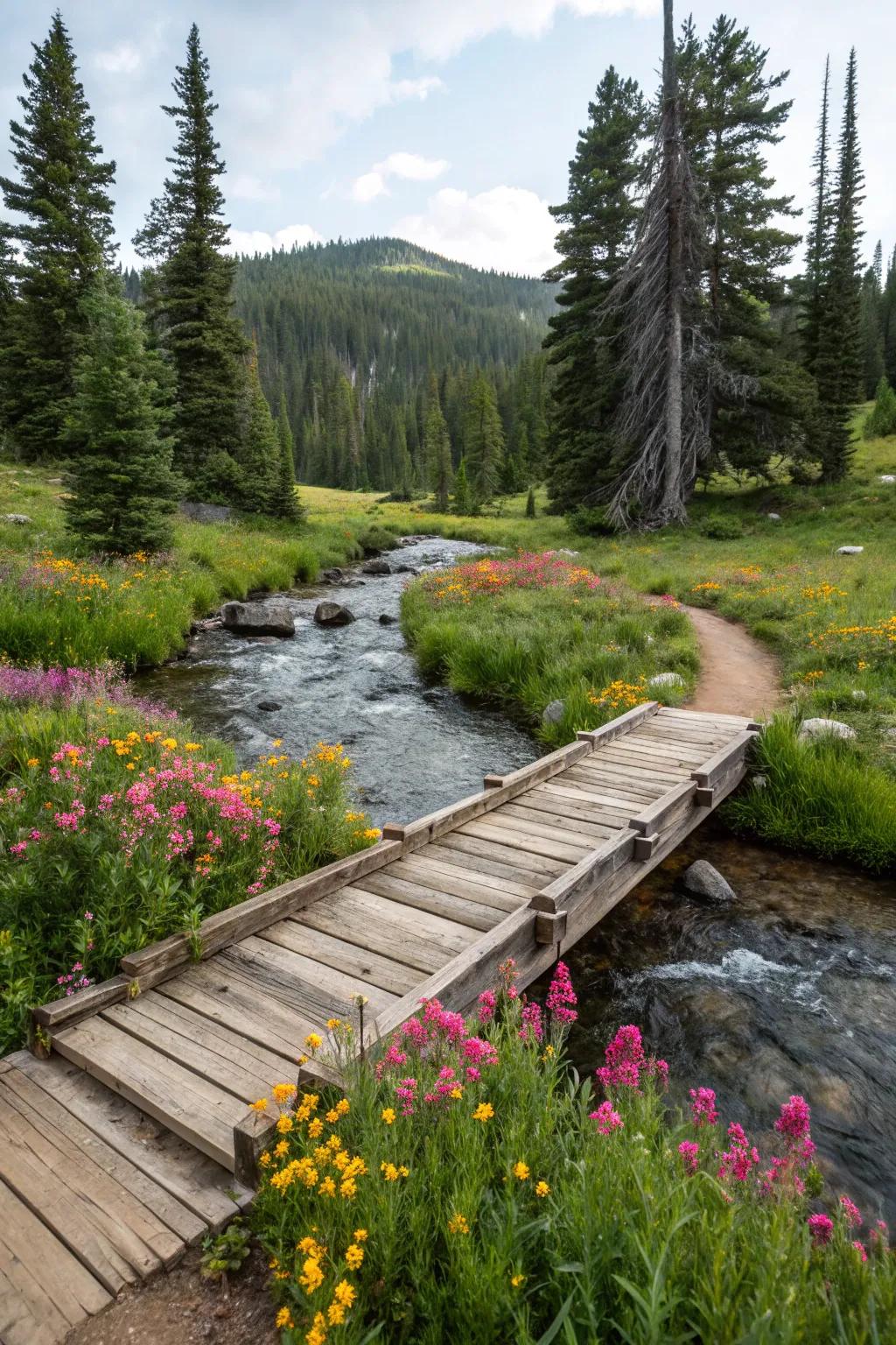 A rustic wooden plank bridge creates a warm and inviting crossing over a gentle creek.