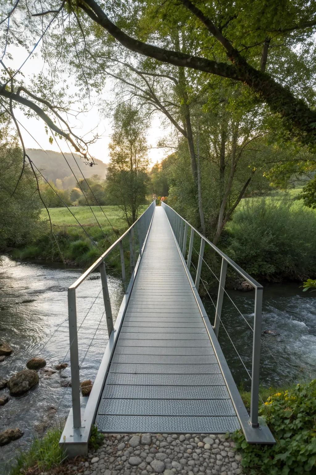 A minimalist metal bridge offers sleek and unobtrusive design for your creek.