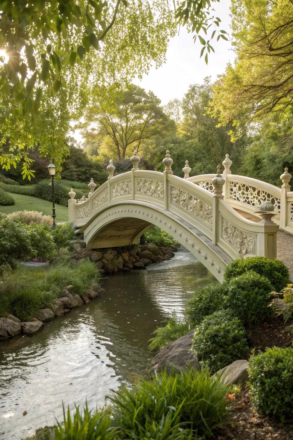 An elegant garden bridge with decorative railings enhances safety and beauty.