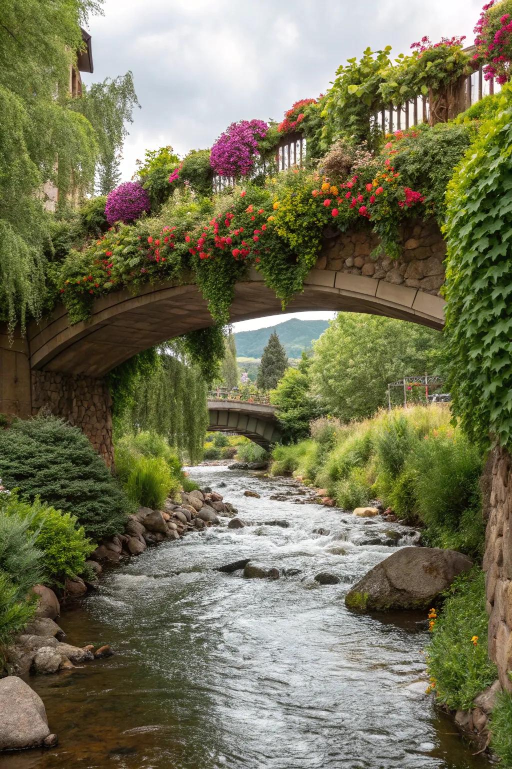 A living plant bridge integrates nature into the crossing, adding lush greenery.