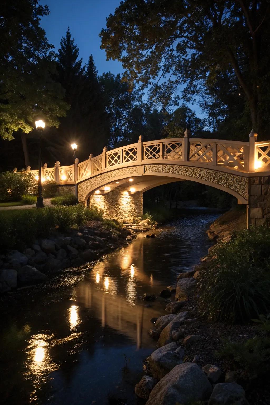 An illuminated night bridge turns your garden into a magical evening retreat.