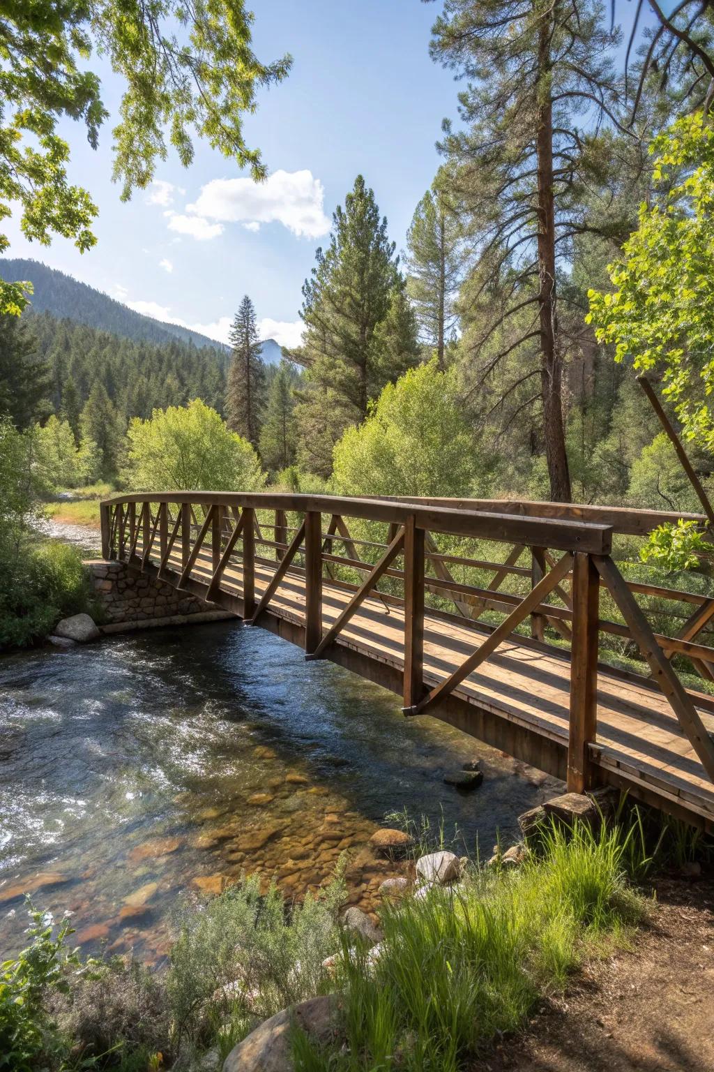 A bridge crafted from recycled materials reflects creativity and sustainability.