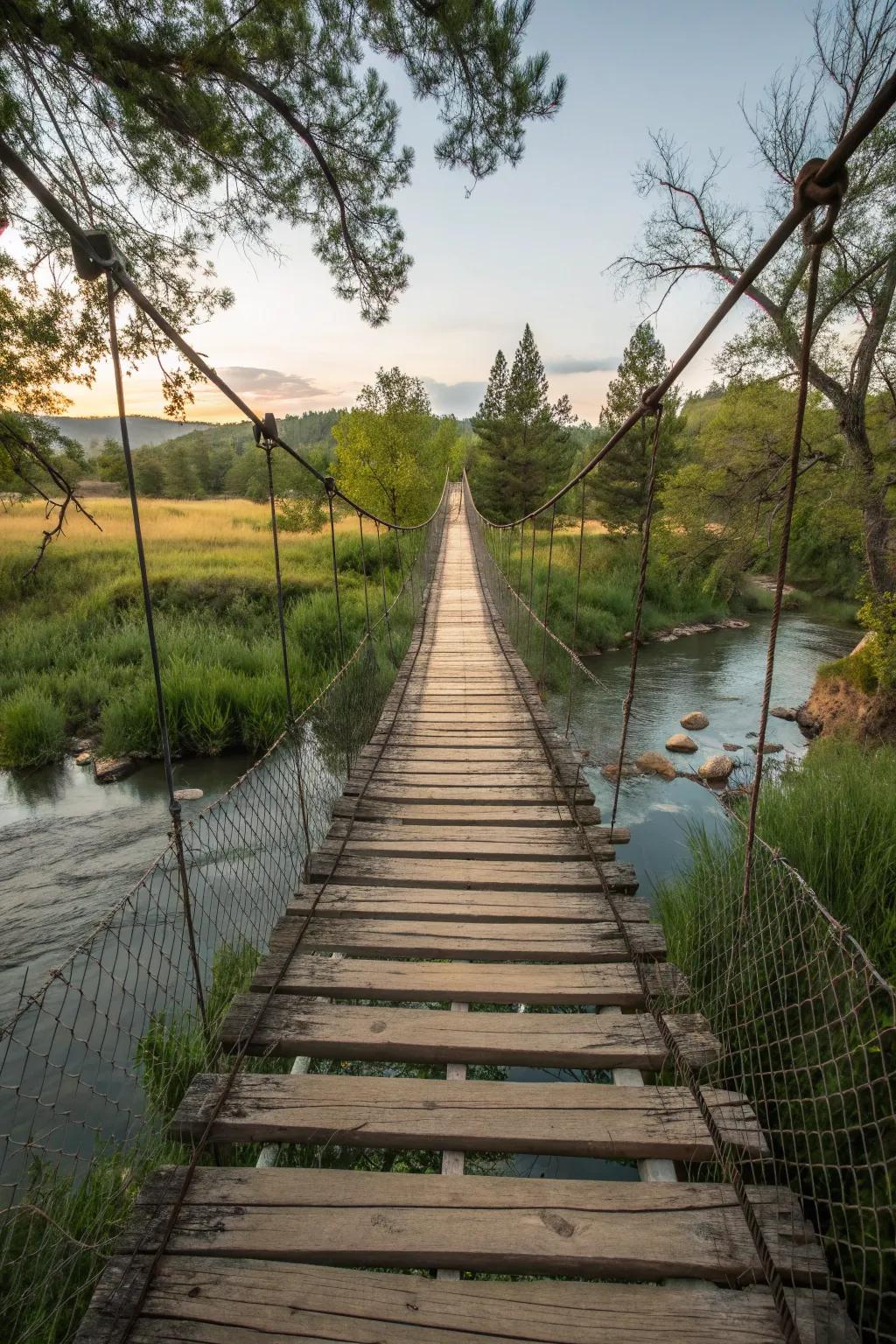 A suspended rope bridge adds a touch of adventure and whimsy to your landscape.