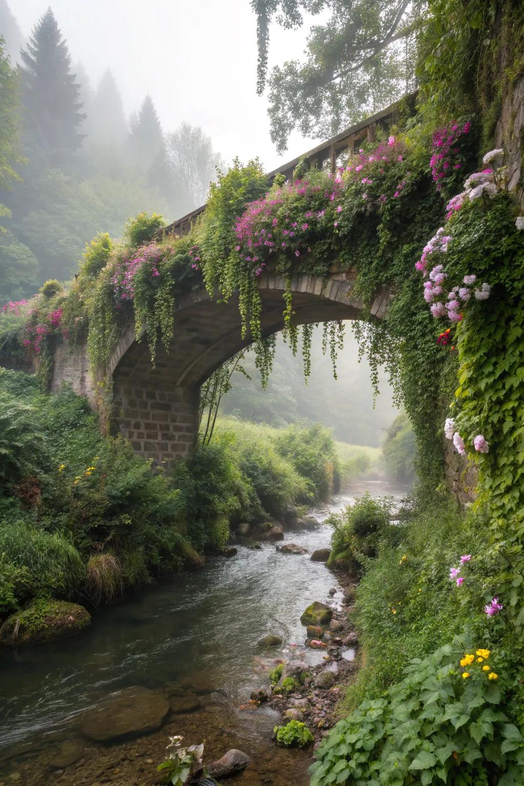 An overgrown fairy tale bridge offers a whimsical and enchanting garden crossing.