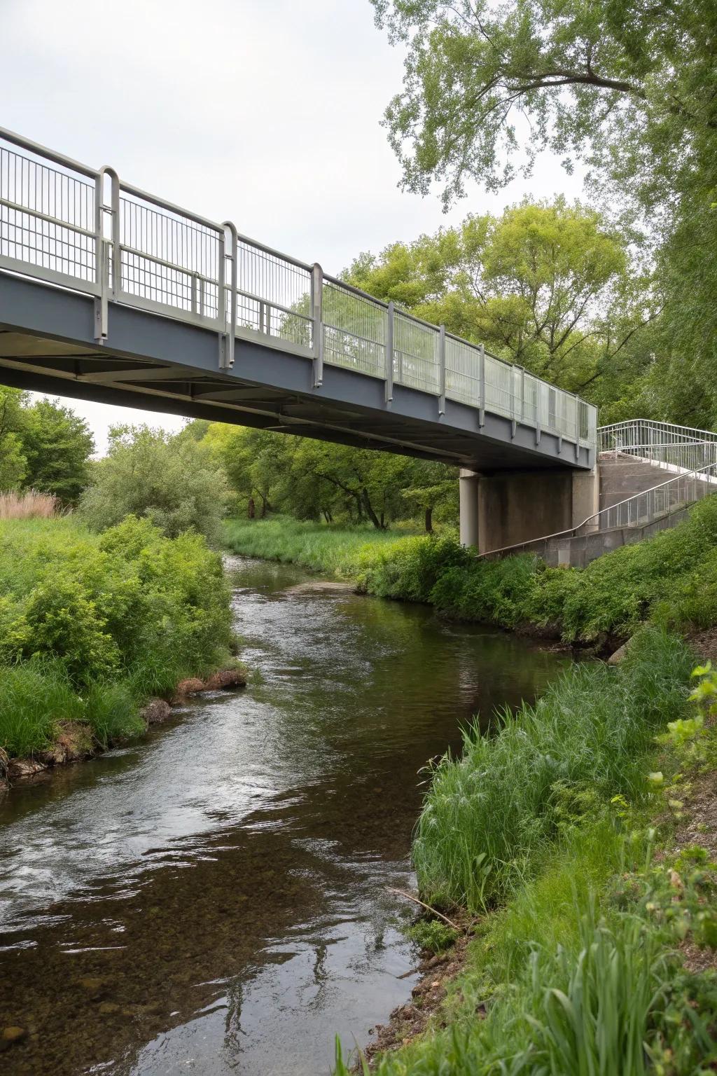 An industrial pipe bridge adds a bold and modern touch to your landscape.