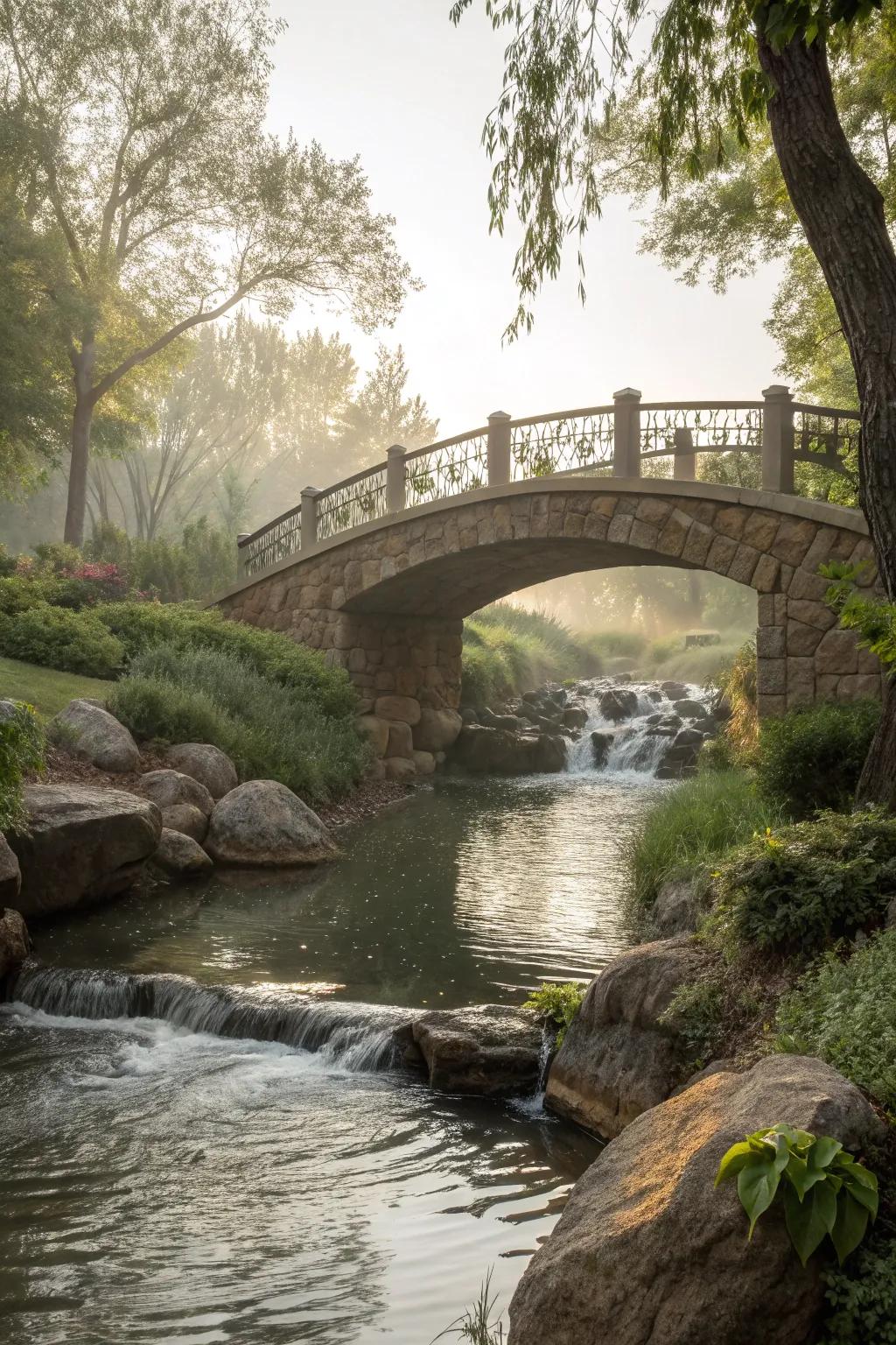 A hidden bridge with water features offers a delightful surprise in your garden.