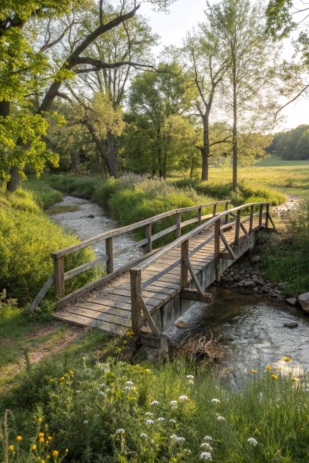 A reclaimed barnwood bridge adds rustic charm and history to your garden.