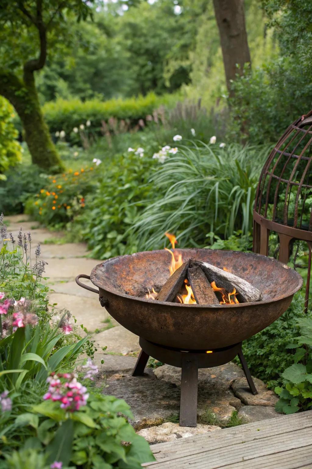 Embrace the rustic charm with a rusted metal fire pit.