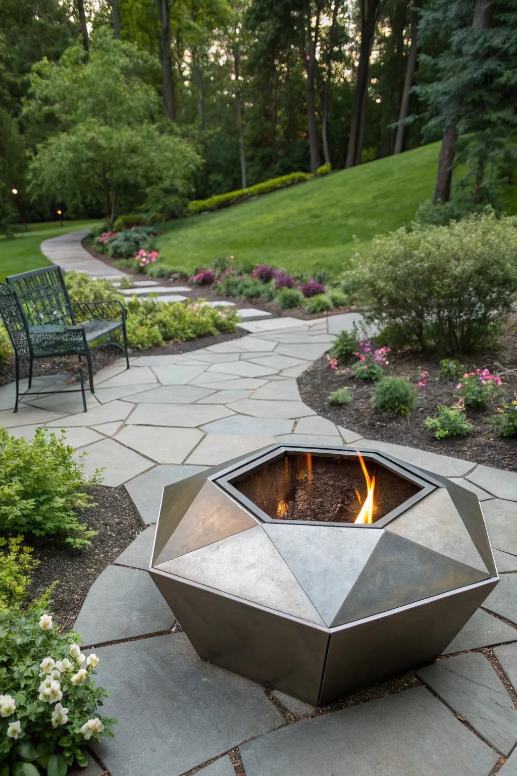 A modern geometric fire pit adds a touch of elegance to any backyard.