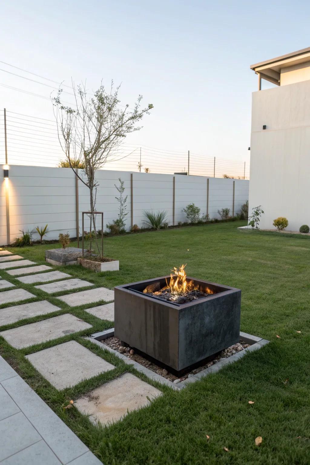 A cube-shaped fire pit adds a modern touch to small spaces.