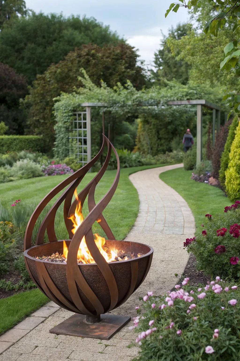 A sculptural fire pit serves as both art and warmth.