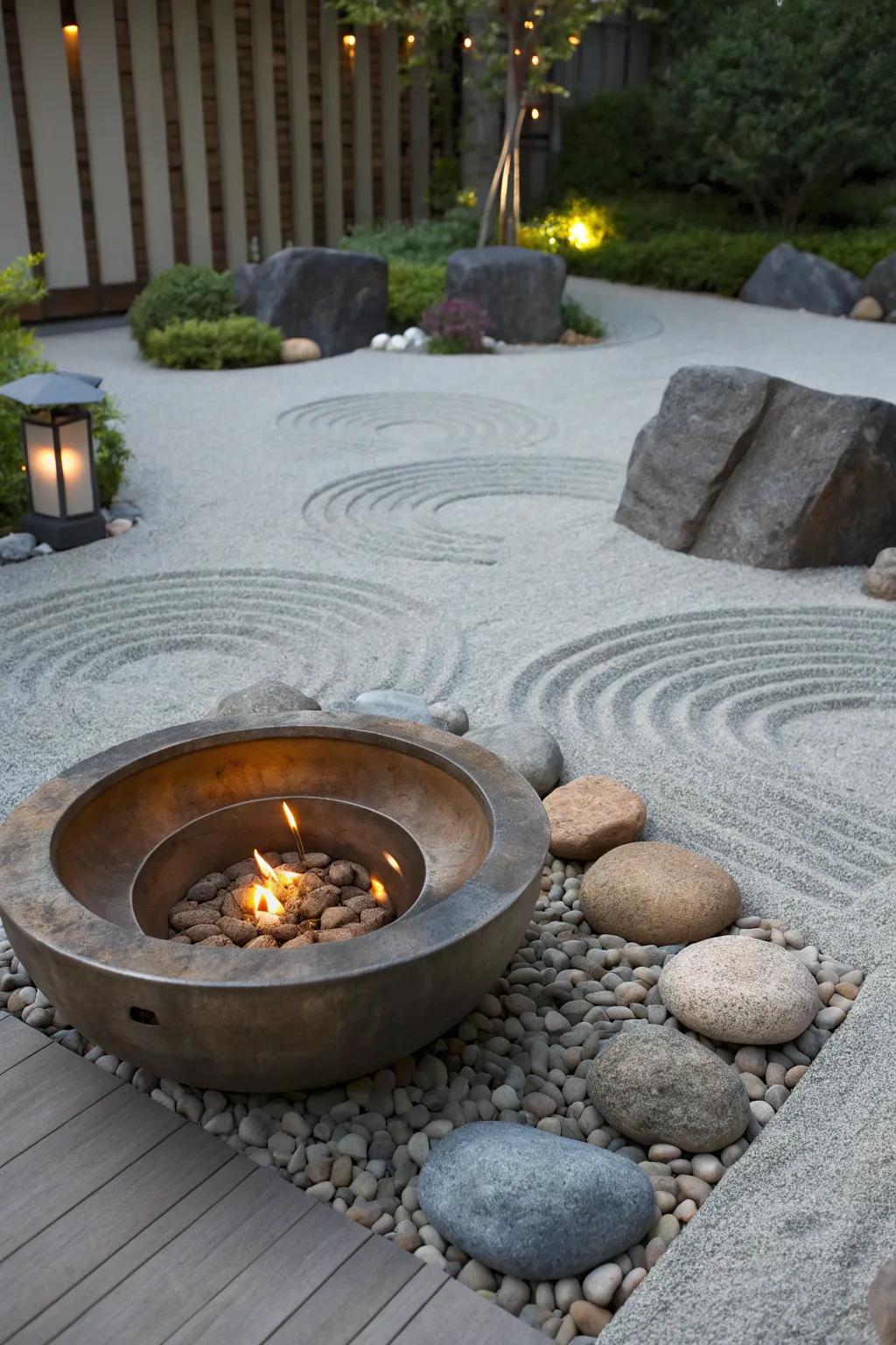 A Zen garden fire pit offers serenity and warmth.
