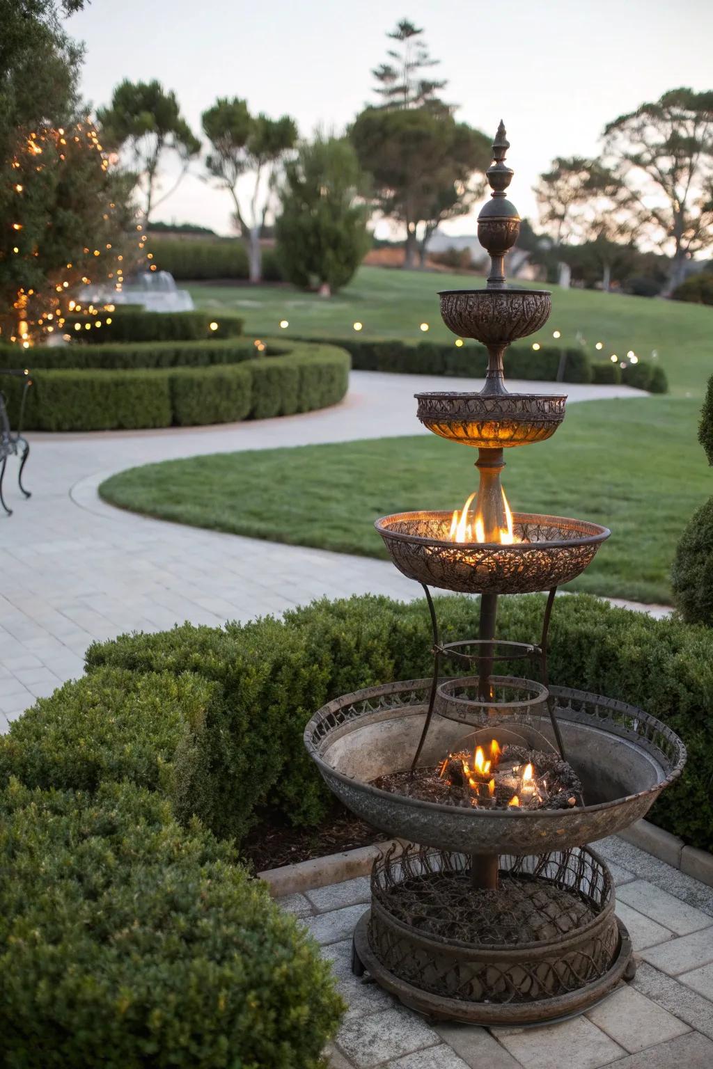 A multi-tiered fire pit creates visual interest and depth.