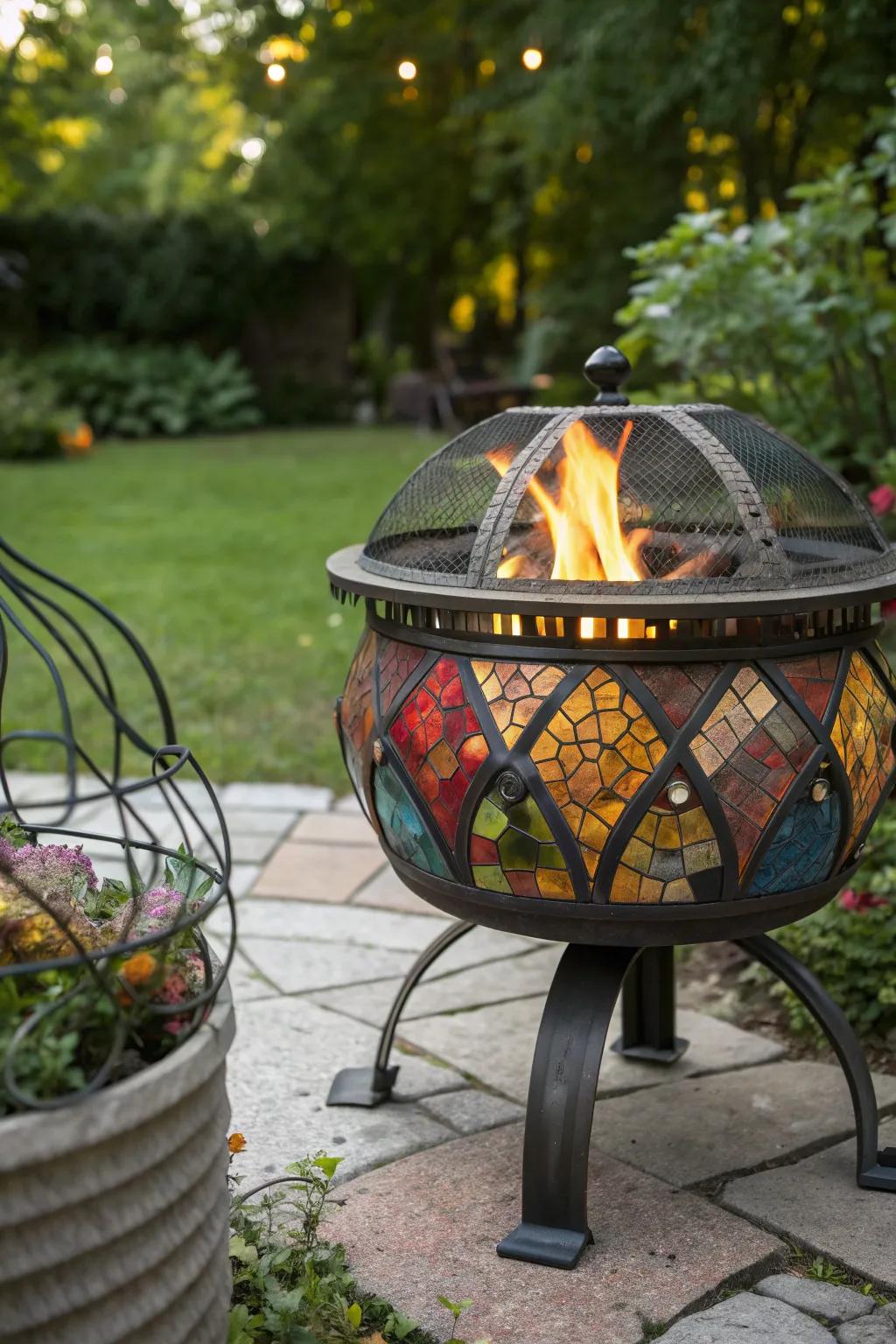 A mosaic metal fire pit is a colorful addition to any space.